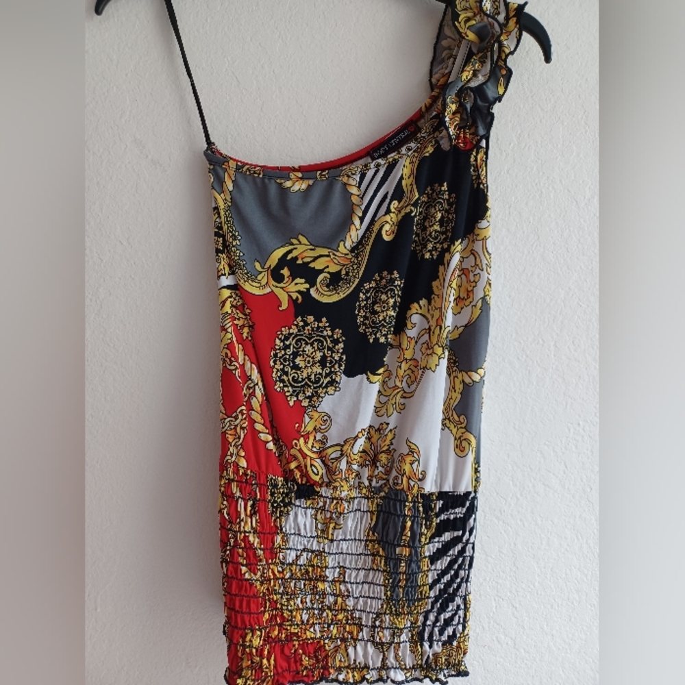Body Central one shoulder multicolor patterned top, ruffled strap, S